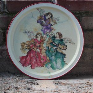 Serving Tray With 3 Angels Playing Music Round Metal 13" POTPOURRI PRESS Vintage